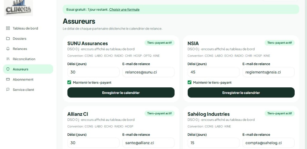 Fiches assureurs avec délai de paiement et e-mail de relance