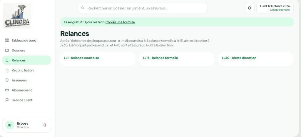 Écran des relances J+1, J+15 et J+30